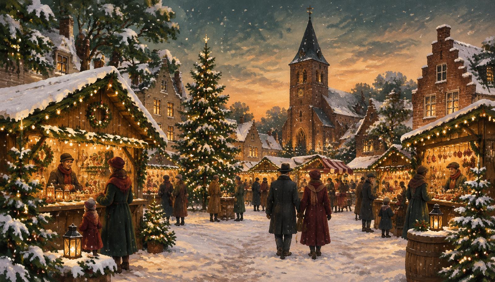 Geschilderde illustratie van een winterdorp met chalets en lichtjes